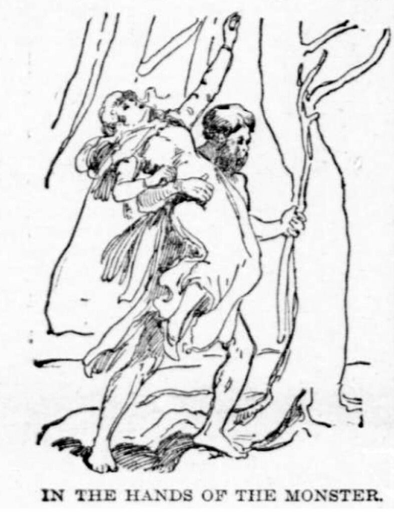 1901 newspaper illustration captioned "In the Hands of the Monster" showing the bear king carrying Ramie Arland